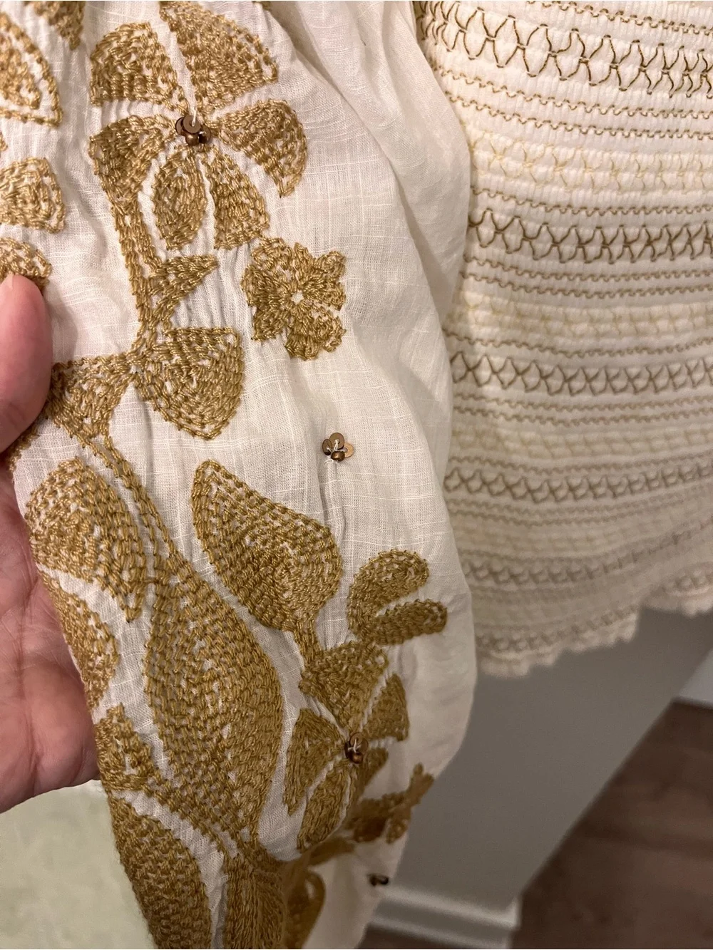 Anthropologie Cream White Embroidered Puff-Sleeve Peasant Blouse